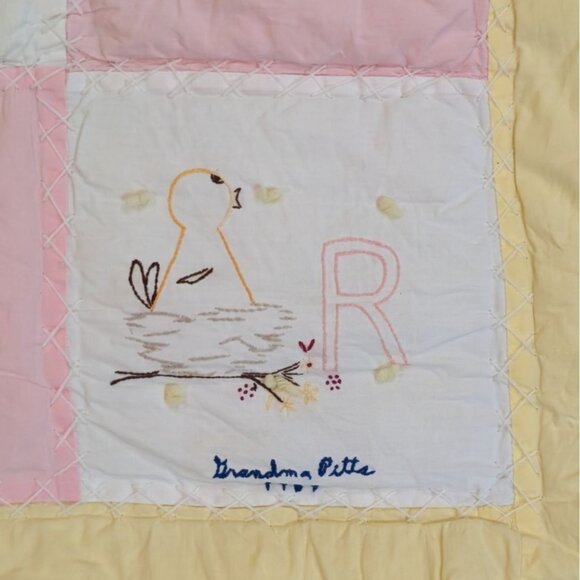 Handmade Quilt Embroidered Alphabet Birds Knots Yellow Pink 45x58 Baby Blanket - Picture 5 of 8